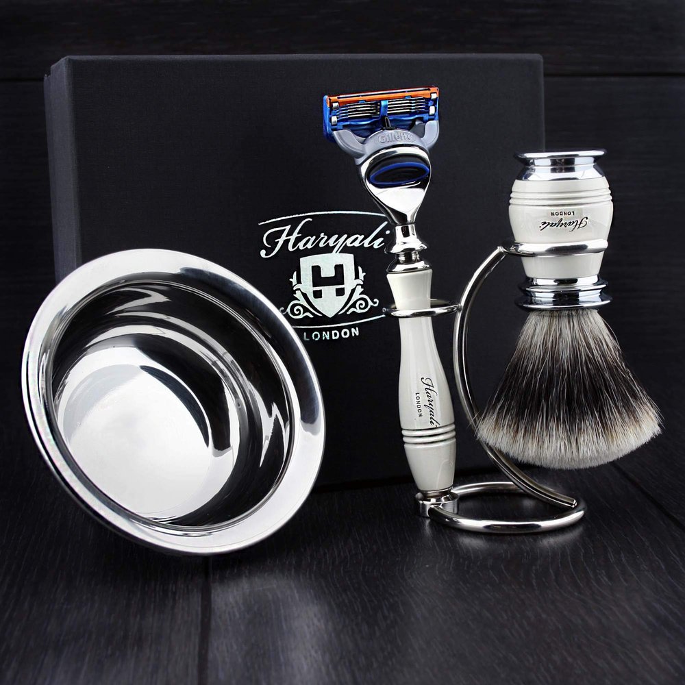 Haryali London 4 Pc Mens Shaving Kit 5 Edge Razor With Silver Tip Badger Hair Shaving Brush, Stand and Stainless Steel Bowl Perfect Set For Men