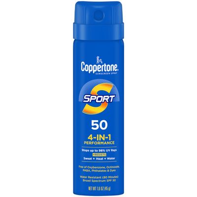 Coppertone SPORT Continuous Sunscreen Spray Broad Spectrum SPF 50 (1.6 Ounce, Travel Size) (Packaging may vary)