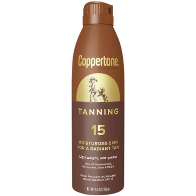 Coppertone Tanning Sunscreen Spray with Broad Spectrum SPF 15, Water Resistant Spray Sunscreen, Lightweight and Non-Greasy, 5.5 Oz