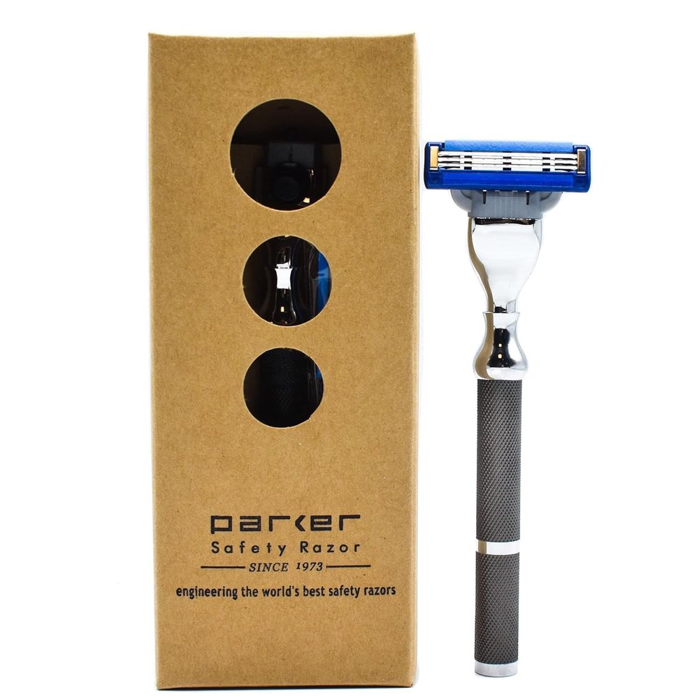 Parker 42M All-Metal Triple Blade Razor in Graphite Gray - Compatbile with Gillete Mach 3 Cartridge Refills Deluxe Brass-Frame, Textured Grip Handle for Triple Blade Shaving
