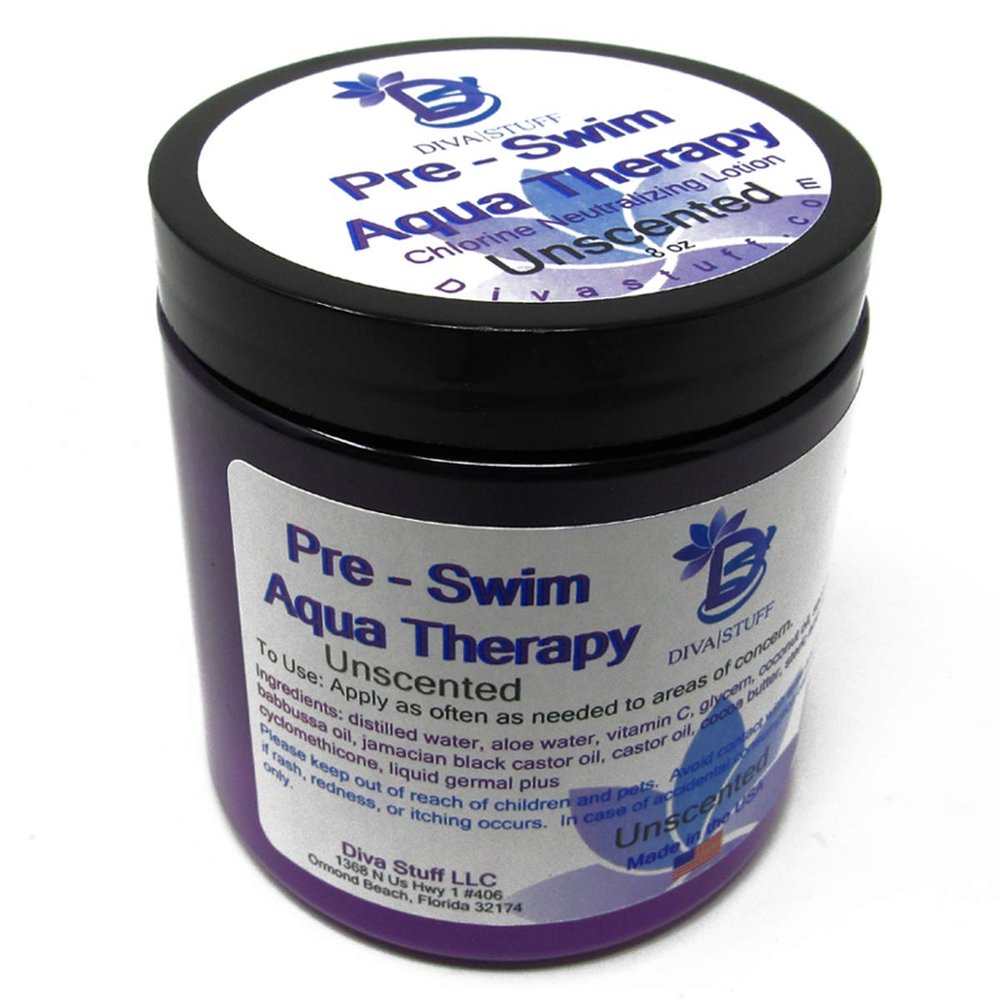 Diva Stuff Pre-Swim Aqua Therapy Chlorine Neutralizing Body Moisturizing Lotion for Swimmers, Protects Skin from Chlorine & Salt Water, 8 oz - Made in the USA, Unscented