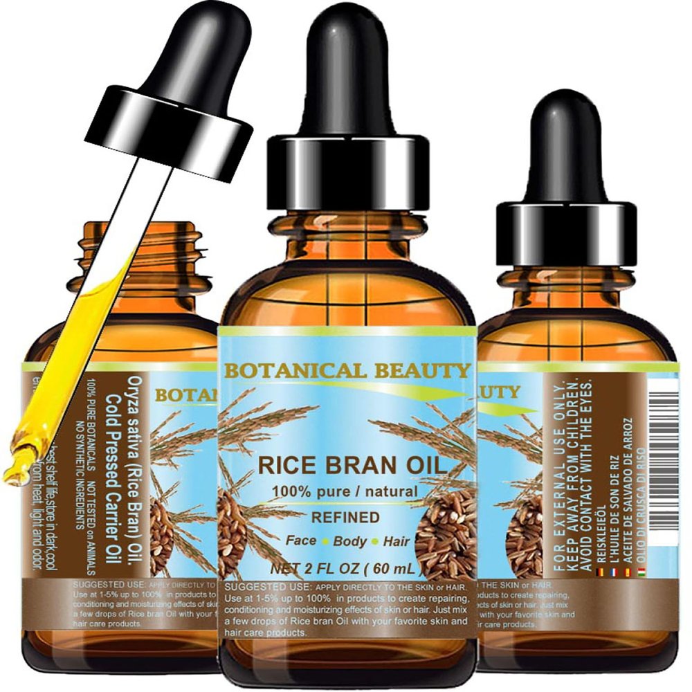 Botanical Beauty RICE BRAN OIL 100% Pure Natural Refined Undiluted Cold Pressed Carrier Oil for Face, Skin, Body, Hair, Massage, Nails. (2 Fl Oz)