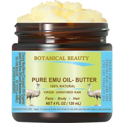 Botanical Beauty PURE EMU OIL BUTTER 100% Natural RAW Virgin Unrefined for Face, Body, Hands, Feet, Nails, Hair and Lip Care (4 Fl Oz)