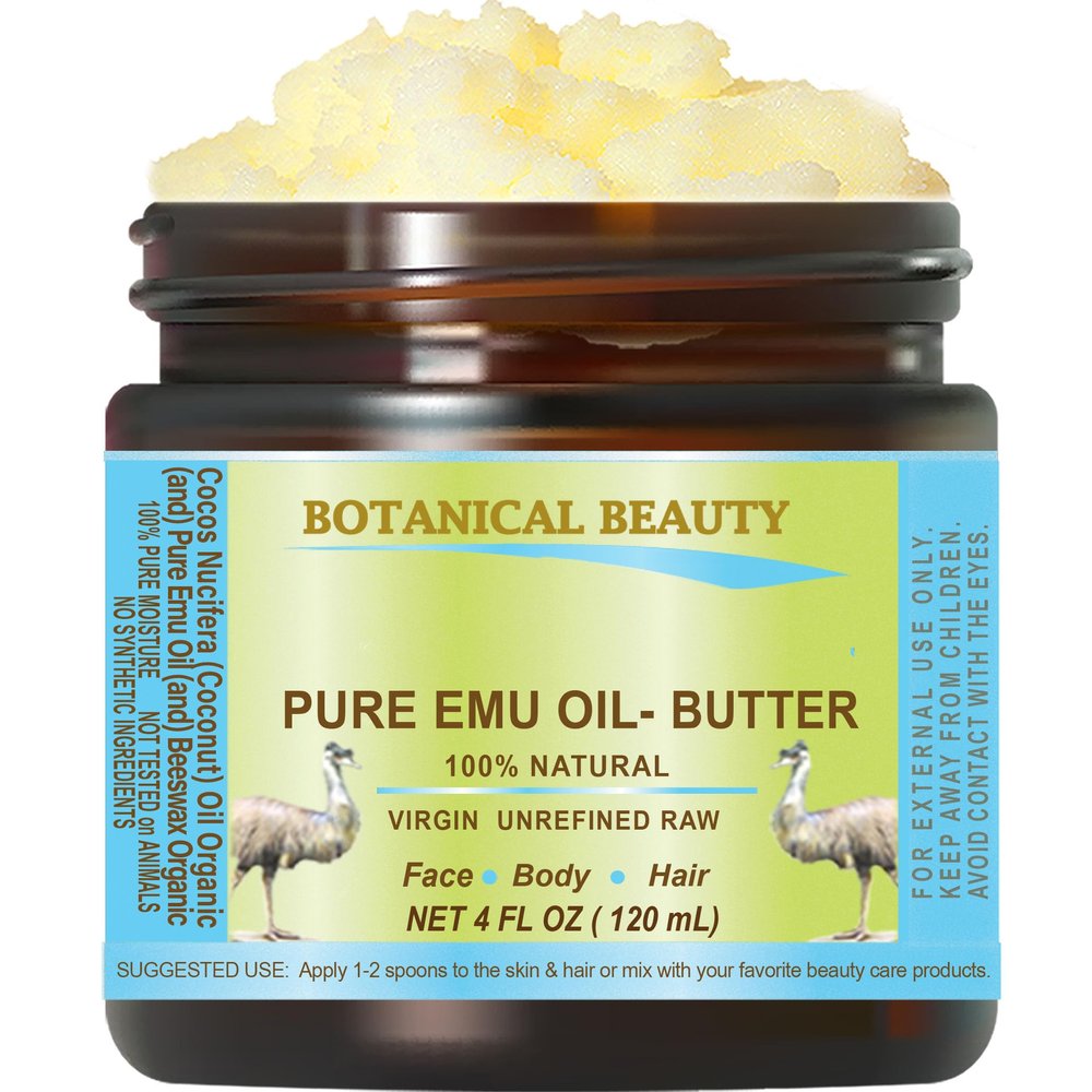 Botanical Beauty PURE EMU OIL BUTTER 100% Natural RAW Virgin Unrefined for Face, Body, Hands, Feet, Nails, Hair and Lip Care (4 Fl Oz)
