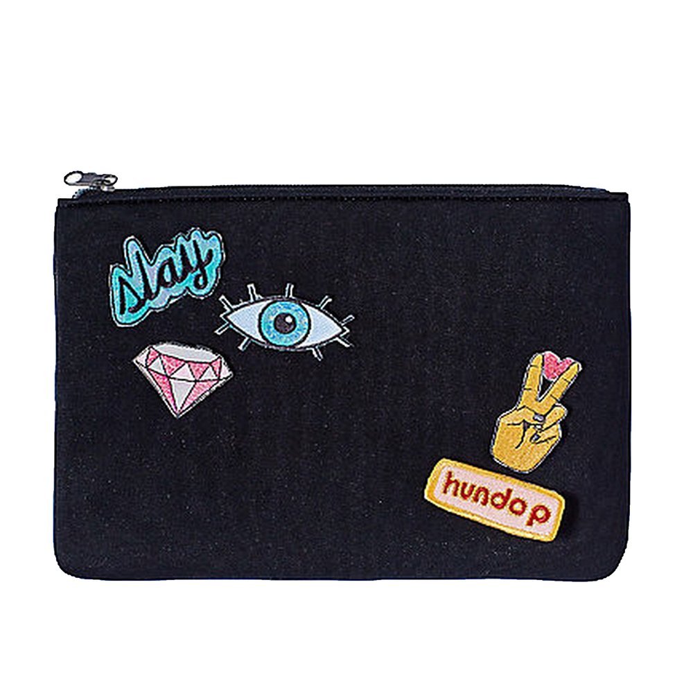 Steve Madden Slay Patches Black Cosmetic Travel Bag, Women's Zippered Makeup Case, Large Travel Pouch for Accessories