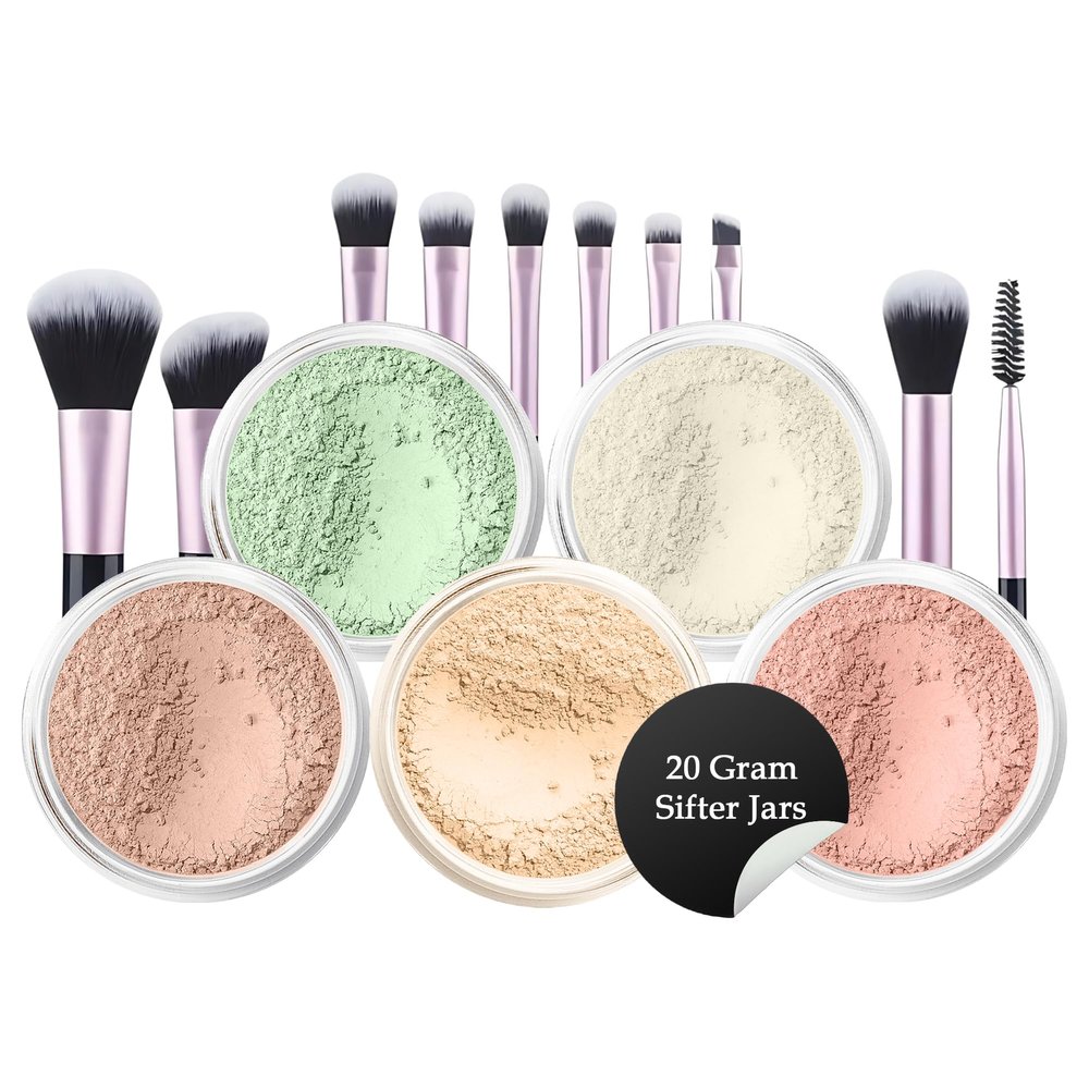 5pc KIT w/BRUSH SET (LIGHT) Foundation Concealer Blush Corrector Bare Face Full Size Illuminating Powder