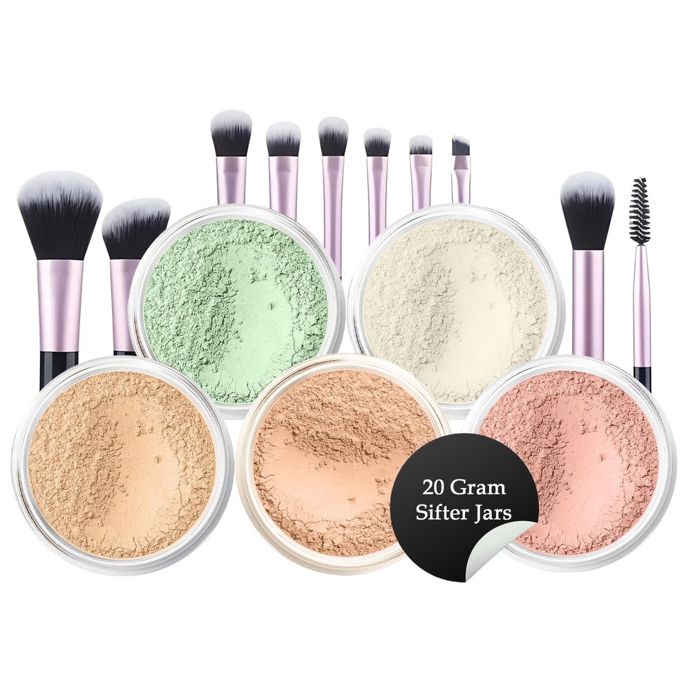 5pc KIT w/BRUSH SET (WARM Neutral Shade-Most Popular) Foundation Concealer Blush Corrector Bare Face Full Size Illuminating Powder