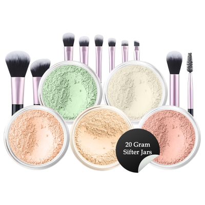 5pc KIT w/BRUSH SET (PINK BISQUE) Foundation Concealer Blush Corrector Bare Face Full Size Illuminating Powder