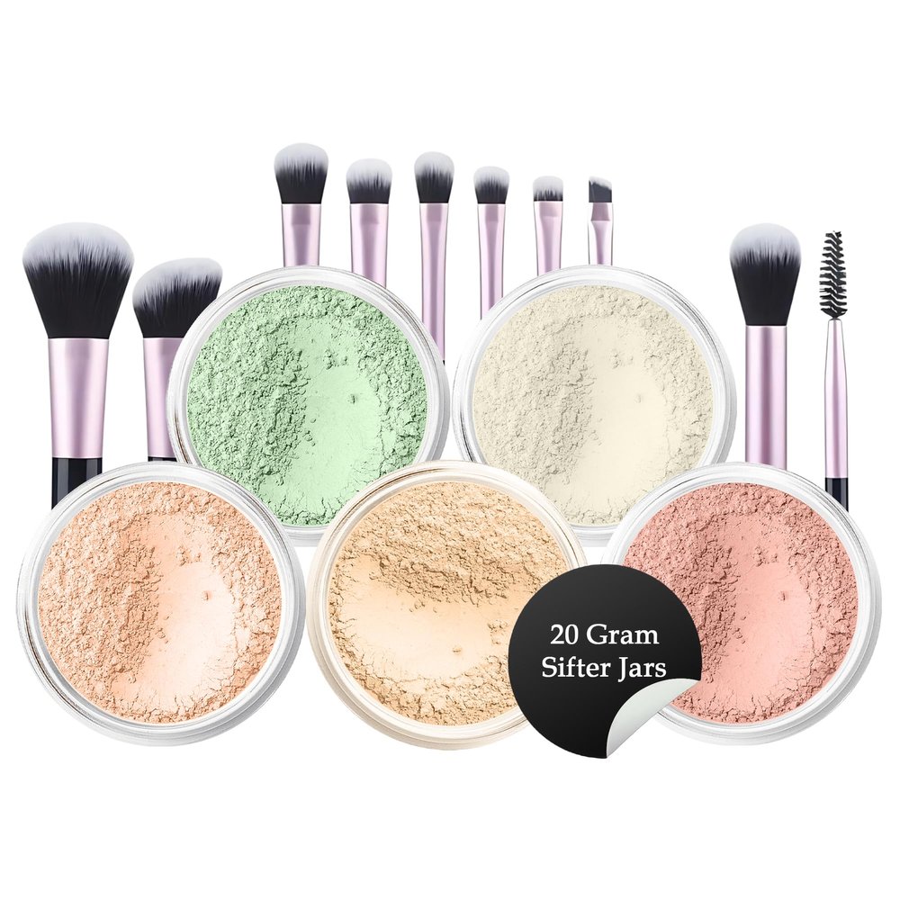 5pc KIT w/BRUSH SET (PINK BISQUE) Foundation Concealer Blush Corrector Bare Face Full Size Illuminating Powder