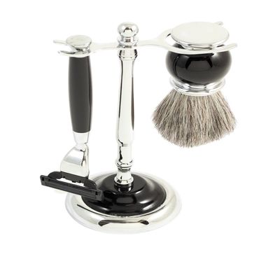Bey-Berk 3-Piece Chrome and Black Enamel Shaving Set, Razor and Pure Badger Brush with Stand, Silver and Black Wet Shaving Kit for Men