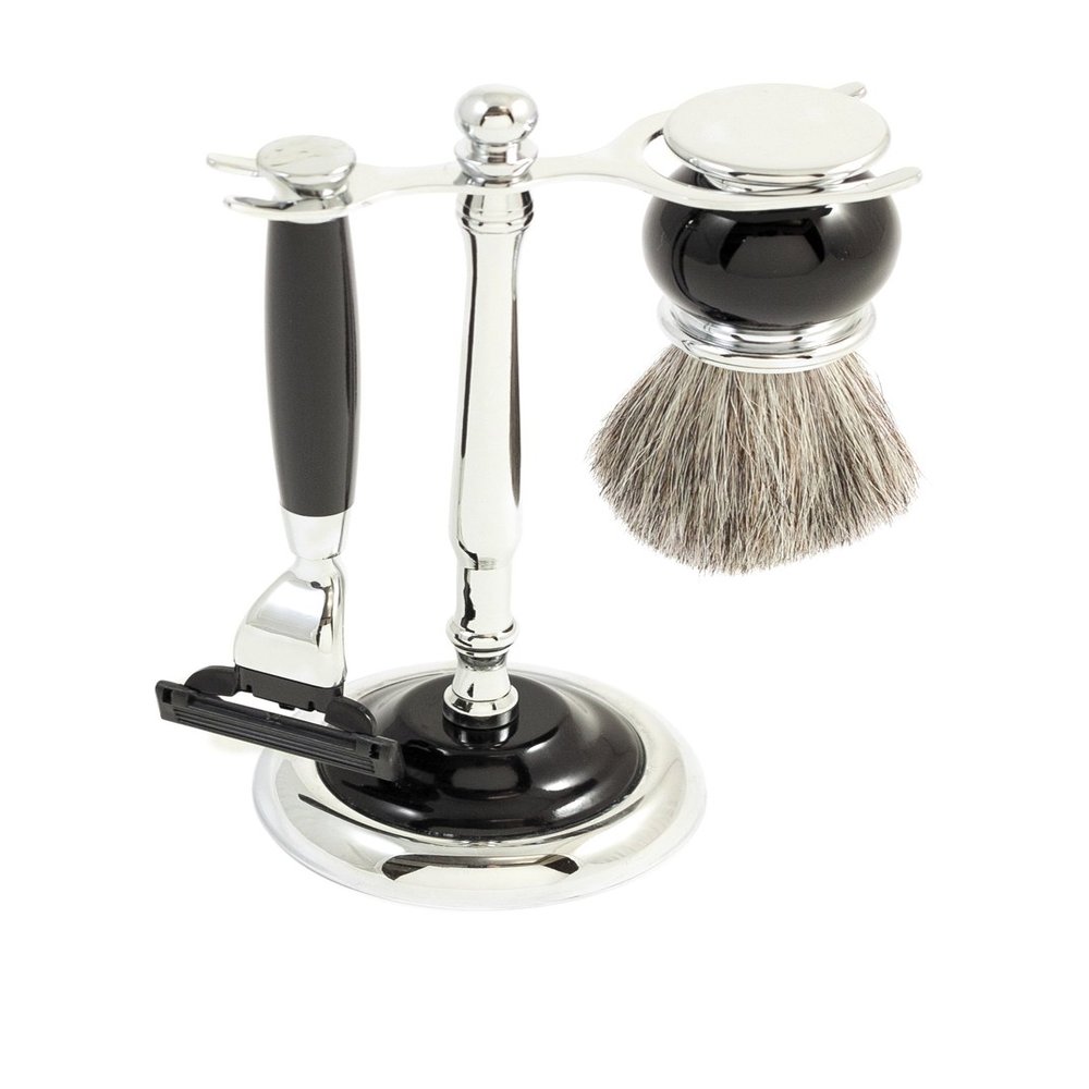 Bey-Berk 3-Piece Chrome and Black Enamel Shaving Set, Razor and Pure Badger Brush with Stand, Silver and Black Wet Shaving Kit for Men