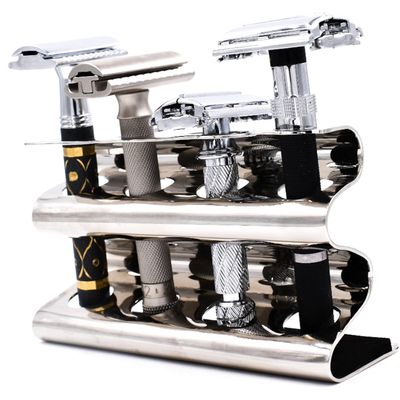 Parker Double Edge Razor Stand - Solid Brass with Mirror Chrome Finish -Holds 4 Razors - Parker Stand with Padded Base - Excellent Storage for Long Handled Double Edge Safety Razors
