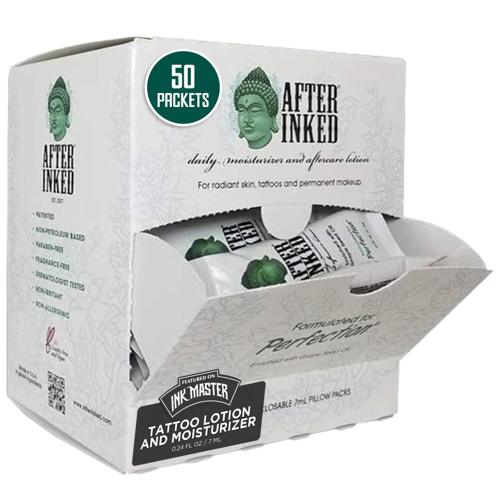 After Inked Tattoo Aftercare Lotion Tattoo Moisturizing Balm, Featured on INK MASTER Hydrating Cream with Grape Seed Oil, Skin Nourishment & Daily Maintenance, Reclosable Pillow Pack (50pack, 7ml)