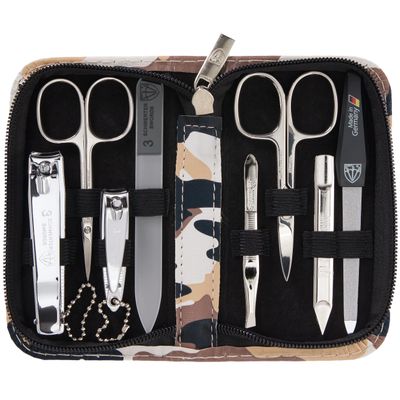 3 Swords Germany - brand quality 8 piece manicure pedicure grooming kit set synthetic leather case camouflage - Made in Germany