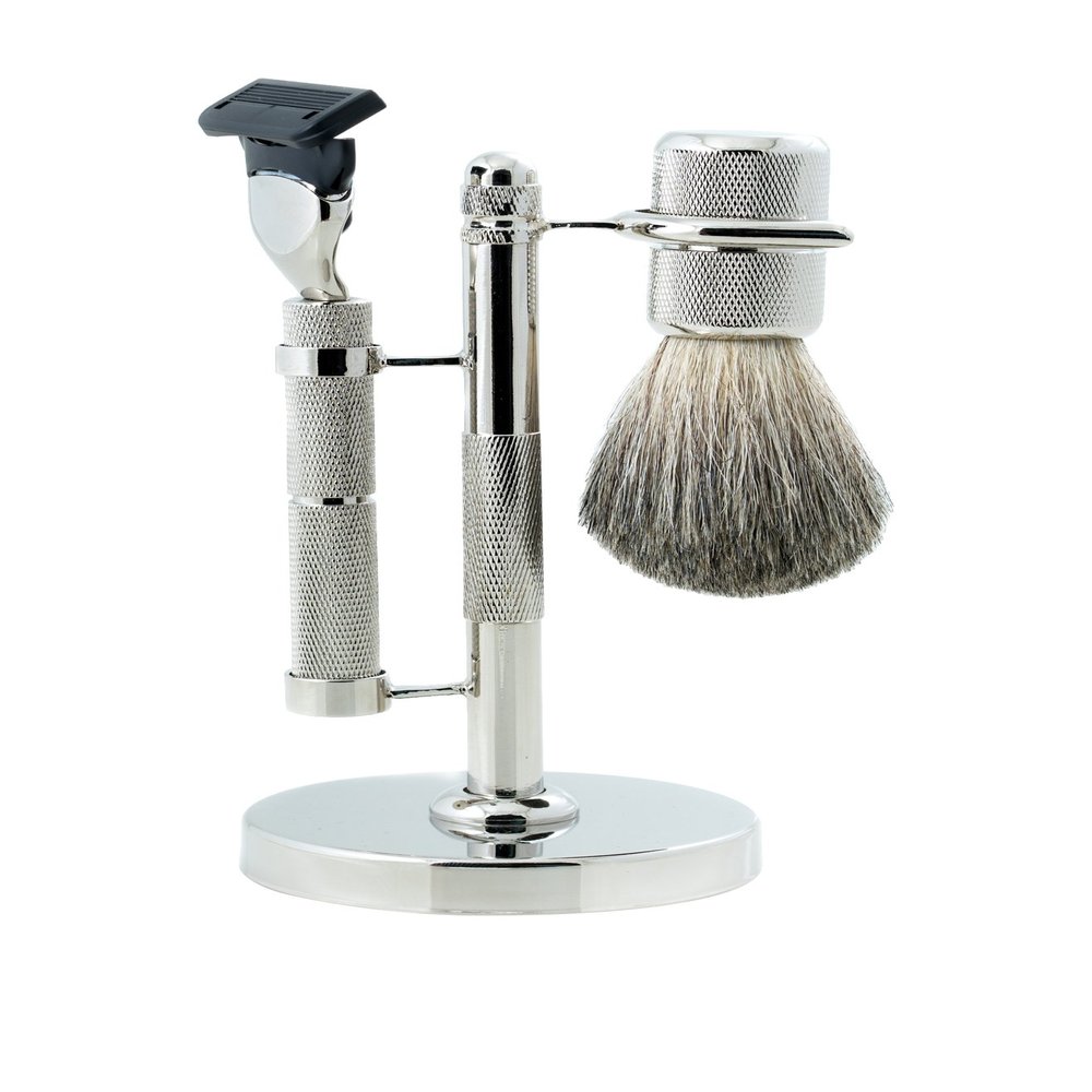 Bey-Berk BB06 Fusion Razor & Pure Badger Brush on Diamond Cut Design Chrome Stand, Grey
