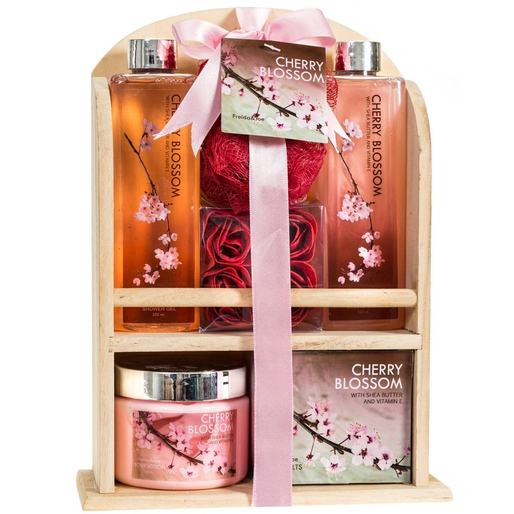 Deluxe Cherry Blossom Spa Basket - Home Spa Set with Bubble Bath, Bath Salts, Body Lotion, Bath Puff, and Rose Soaps in Wooden Curio