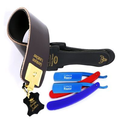 Professional Gold Quality Sharpening Strop Made of Cowhide Real Leather 3" Wide and 22" Long with 2 Professional Quality Old Fashion Titanium Straight Razors-541