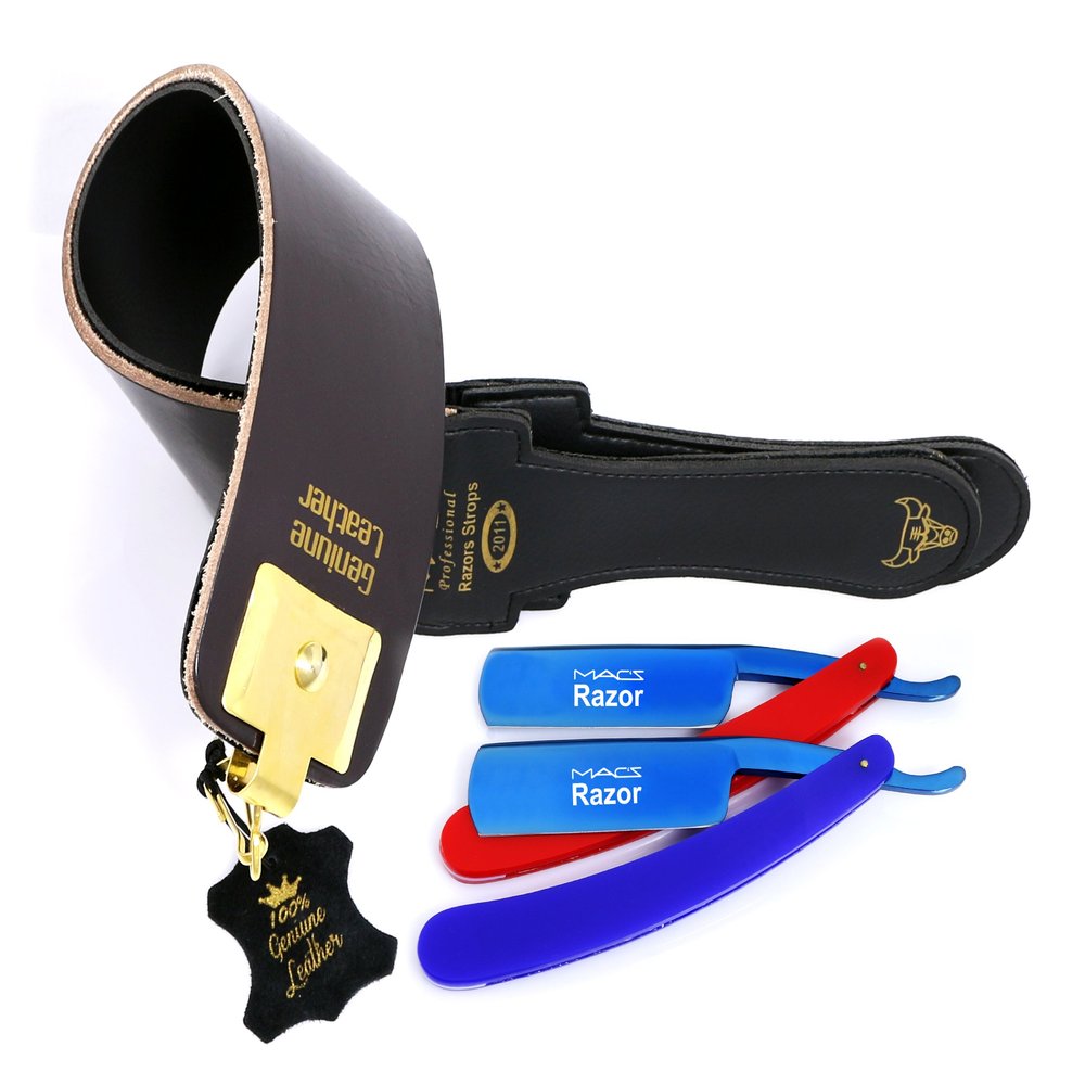 Professional Gold Quality Sharpening Strop Made of Cowhide Real Leather 3" Wide and 22" Long with 2 Professional Quality Old Fashion Titanium Straight Razors-541
