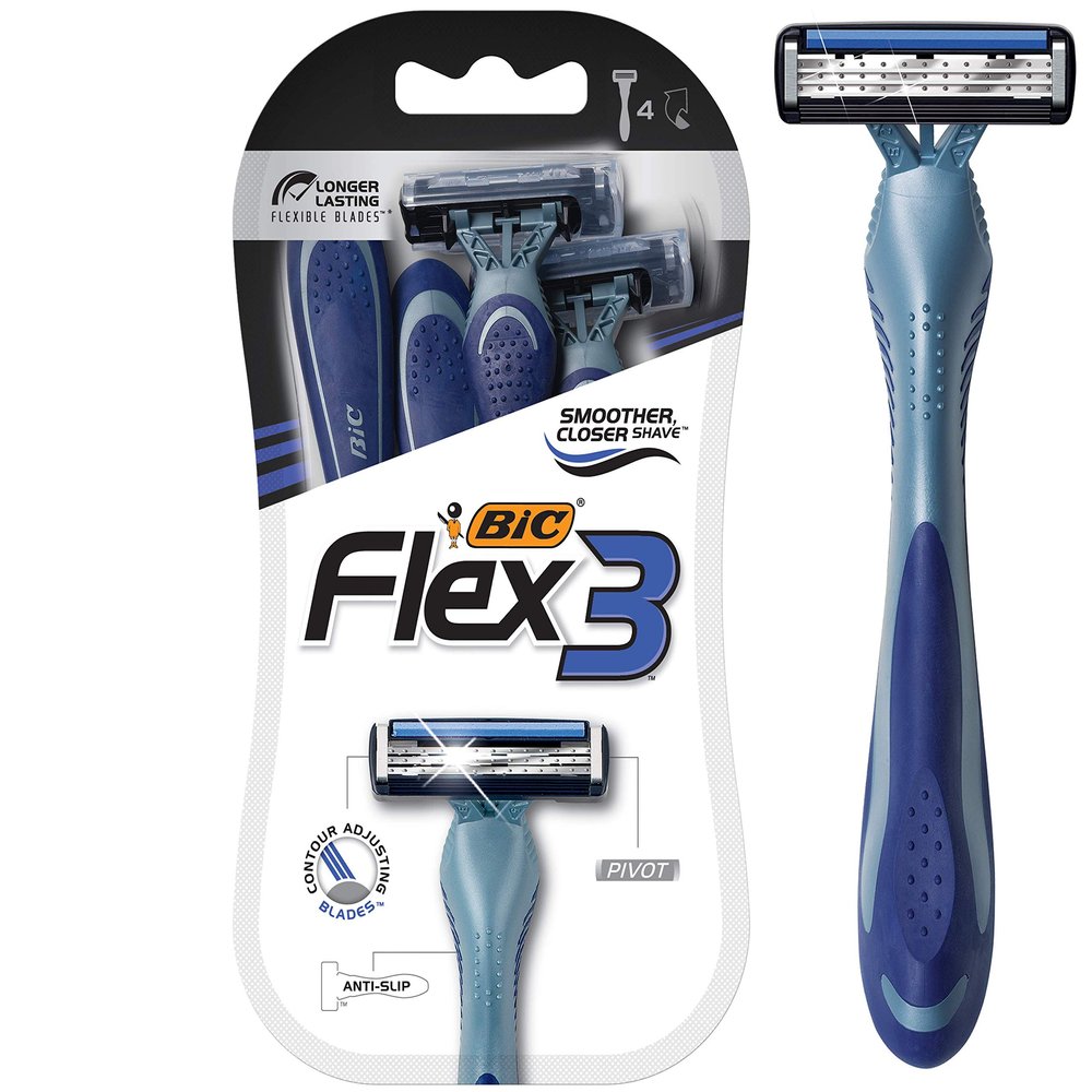 BIC Flex 3 Mens Disposable Razors With 3 Blades, For a Smooth and Comfortable Shave, 4 Piece Razor Kit for Men