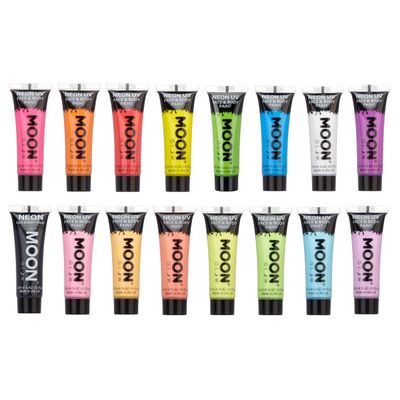 Moon Glow - Neon Blacklight UV Face & Body Paint - 0.42oz Set of 16 - includes 7x Intense and 7x Pastel colours plus White and Black