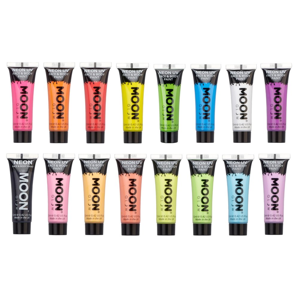 Moon Glow - Neon Blacklight UV Face & Body Paint - 0.42oz Set of 16 - includes 7x Intense and 7x Pastel colours plus White and Black
