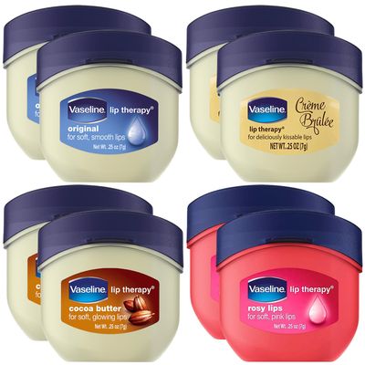 Vaseline Lip Therapy Variety 8-Pack Original, Crme Brle, Rosy Lips, Cocoa Butter Mini Lip Balms for Soft, Glowing, and Deliciously Kissable Lips, 0.25 Oz Ea