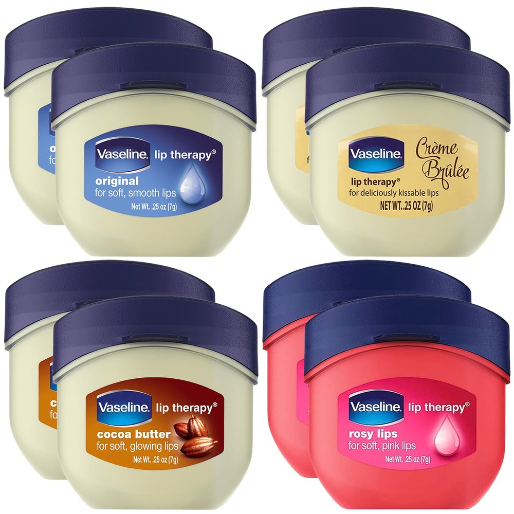 Vaseline Lip Therapy Variety 8-Pack Original, Crme Brle, Rosy Lips, Cocoa Butter Mini Lip Balms for Soft, Glowing, and Deliciously Kissable Lips, 0.25 Oz Ea