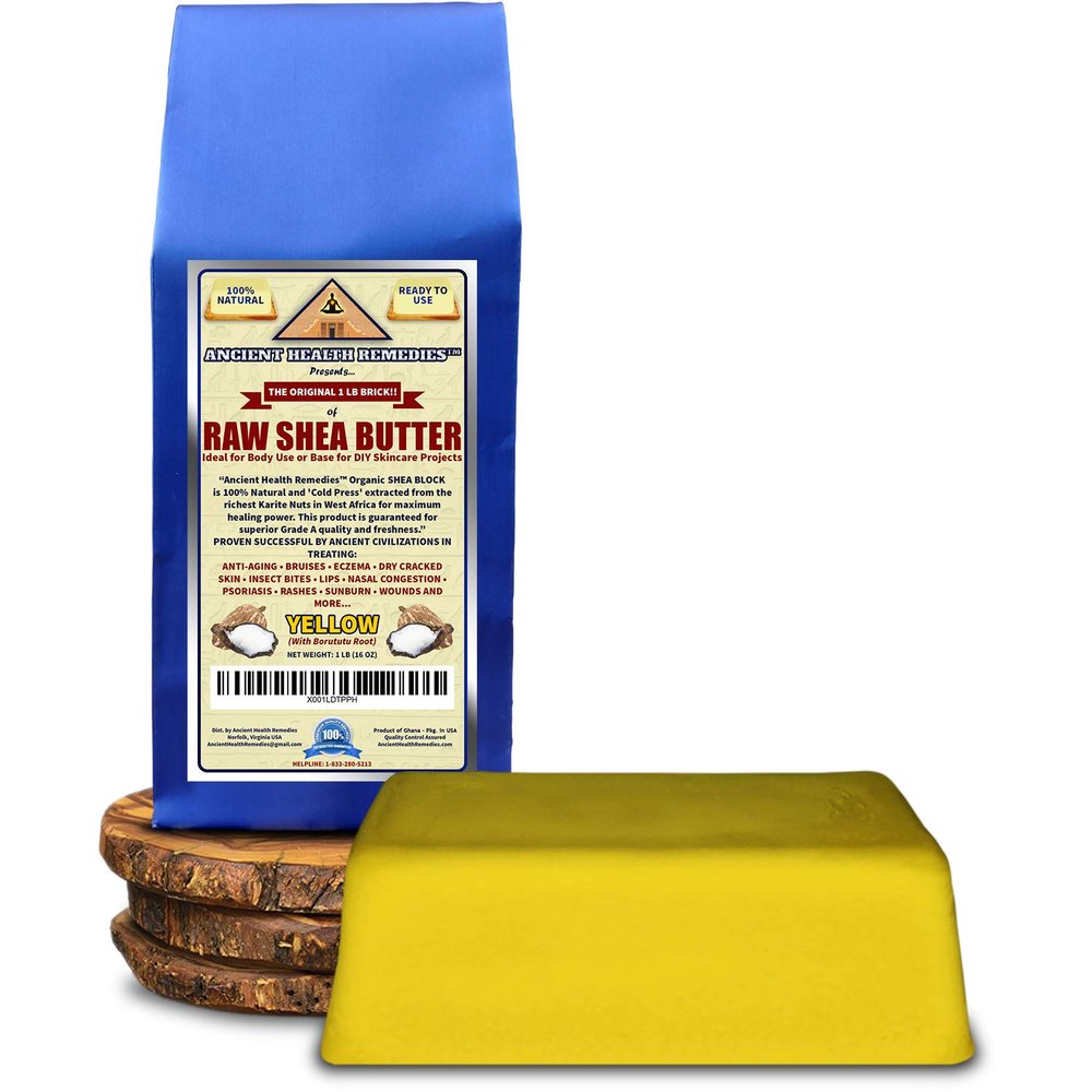 Ancient Health Remedies Organic Unrefined Raw AFRICAN YELLOW SHEA BUTTER 1 LB (16 oz) BLOCK Grade A for Anti Aging, Dry Skin, Base for DIY Body Butter, Beauty, Skin Moisturizer & Hand Cream (GHANA)