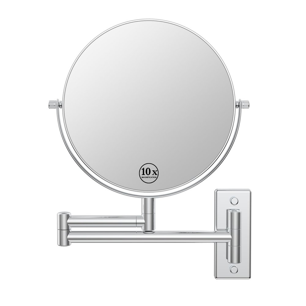 LANSI Wall Mounted Makeup Mirror, 10x/1x Double-Sided Magnifying Mirror, 360 Extendable Arm Bathroom Mirror, 8 inch Vanity Mirror for Makeup or Shaving Chrome Finish