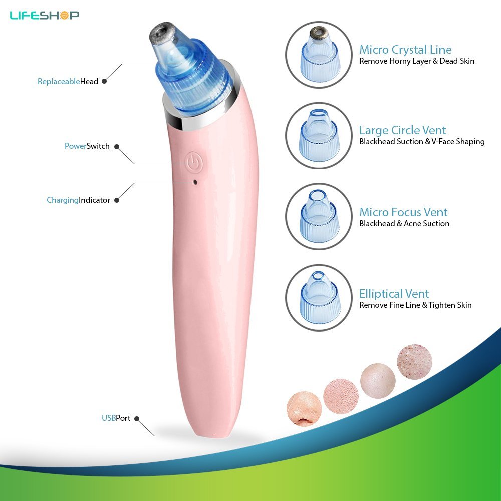 Vacuum Pressure Suction Acne Pore Cleanser by LifeShop | Facial Pore Cleaner Blackhead Vacuum Suction Remover Rechargeable Microdermabrasion Machine (Rose Gold)