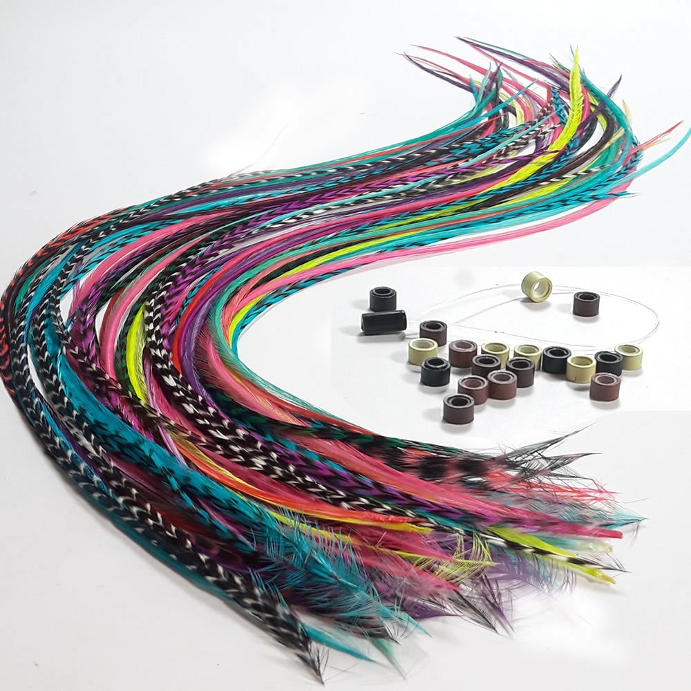 20 Real Feathers Hair Extension Kit - Assorted Colors, Long Natural Thin Feathers, 7-13 Length, 100% Real Rooster Feathers