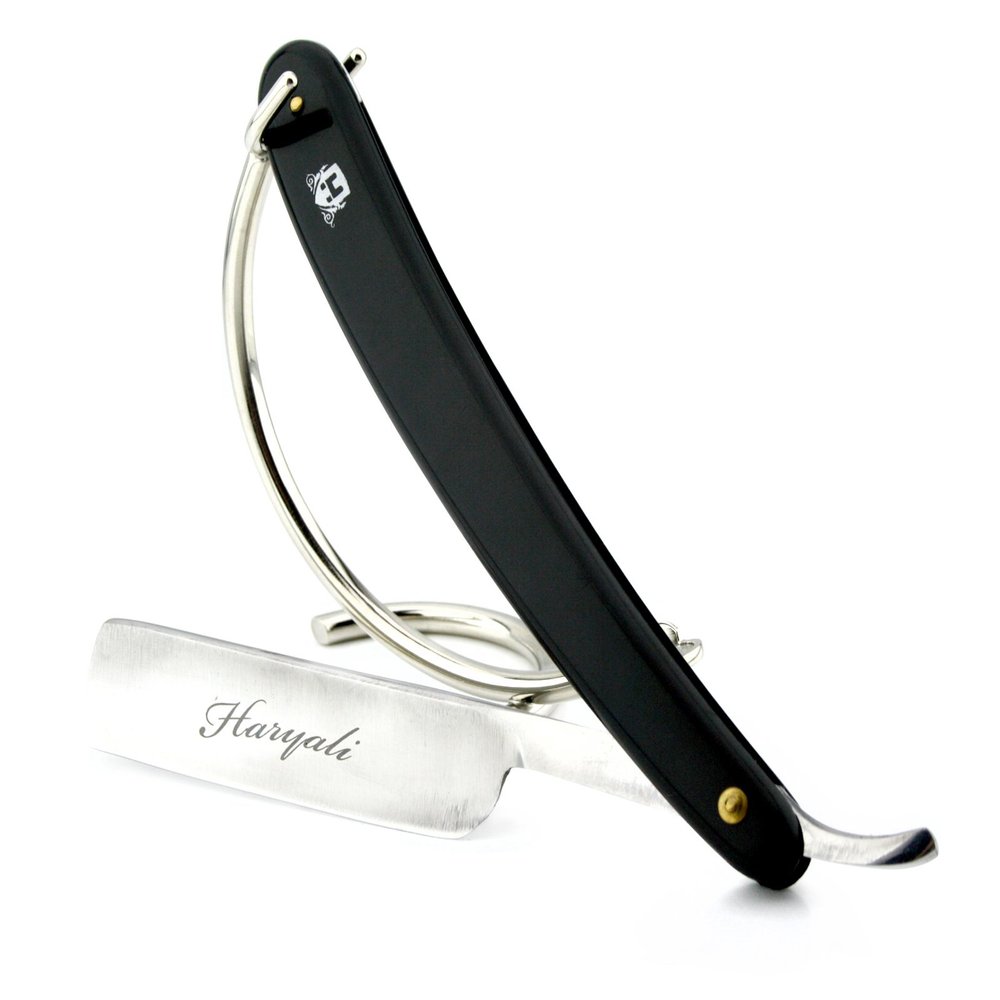 Barber Style Cut Throat Razor Men in Black Handle with Fitting Stand/Stainless.
