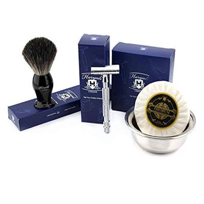 4 PCs Men's Shaving Set with De Safety Razor(No Blades Included),Pure Badger Hair Brush,Soap & Bowl
