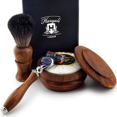4 PCs Wooden Shaving Set with 5 Edge Cartridge Razor, Black Synthetic Badger Look Alike Hair Brush,Soap & Bowl