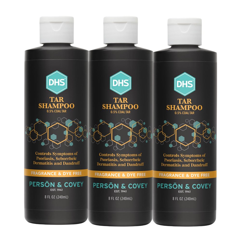 DHS Person & Covey, Inc Coal Tar Shampoo - Dandruff Shampoo for Men & Women, Psoriasis & Dandruff Hair Care for Itchy Scalp, Unscented Seborrheic Dermatitis Hair Care - 8 Fl Oz, Pack of 3