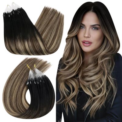 Ugeat Balayage Micro Bead Hair Extensions Natural Black to Dark Brown Mix Caramel Brown 20 Inch Micro Loop Real Human Hair Extensions for Wedding Instant Hairstyle 50s 50g
