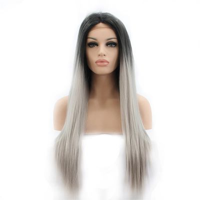 Silky Straight Wig Gray Black Ombre Synthetic Lace Front Wig