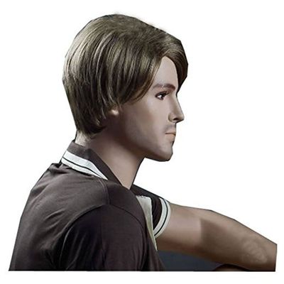 ADAMAI 11'' Cool Men Short Natural Flax Color Fluffy Straight Wigs Comfortable Synthetic Hair Wigs