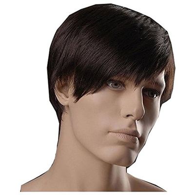 ADAMAI 9.5'' Cool Men Short Natural Brown Fluffy Straight Wigs Comfortable Synthetic Hair Wigs