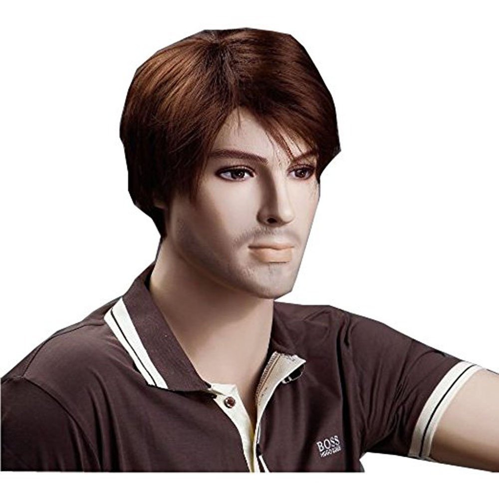 ADAMAI 11'' Cool Men Short Natural Copper-Brown Fluffy Straight Wigs Comfortable Synthetic Hair Wigs
