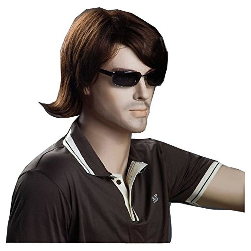 ADAMAI 11'' Cool Men Short Natural Copper-Brown Fluffy Straight Wigs Comfortable Synthetic Hair Wigs