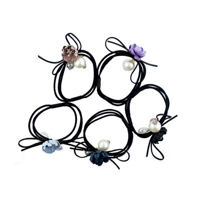 HAND Flower, Crystal and Pearlescent Bead Black Hairband Ponytail Loops - Pack of 5