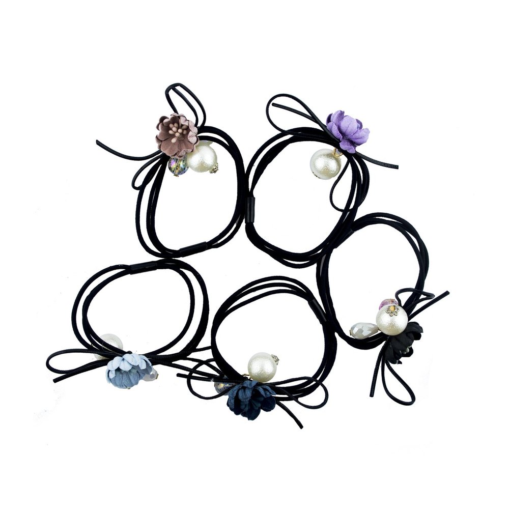 HAND Flower, Crystal and Pearlescent Bead Black Hairband Ponytail Loops - Pack of 5