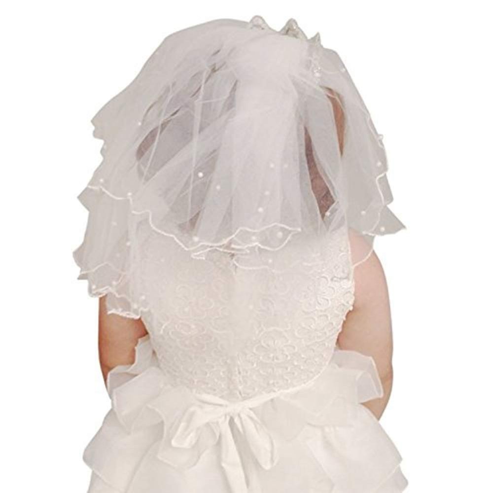 Aimeely Lovely Short Wedding Veil for Girls Pearl Flower Girl Headpiece with Comb White