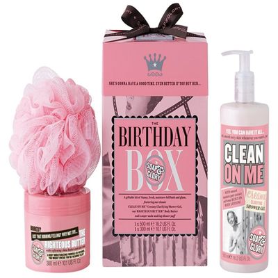 Soap & Glory The Birthday Box - Clean On Me Shower Gel, The Righteous Butter Body Butter with Shea Butter & Shower Puff - Rose & Bergamont Scented Birthday Gift Set - 3 Piece Shower Set