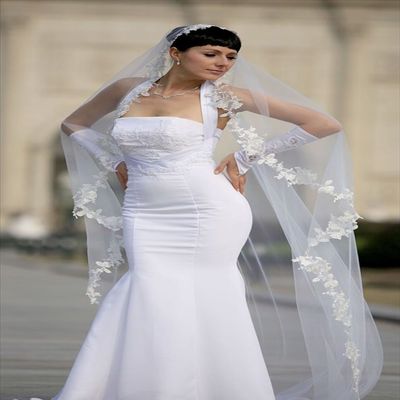 Bridal Wedding Mantilla Veil Ivory 1 Tier Long Cathedral LengthWith Lace Edge