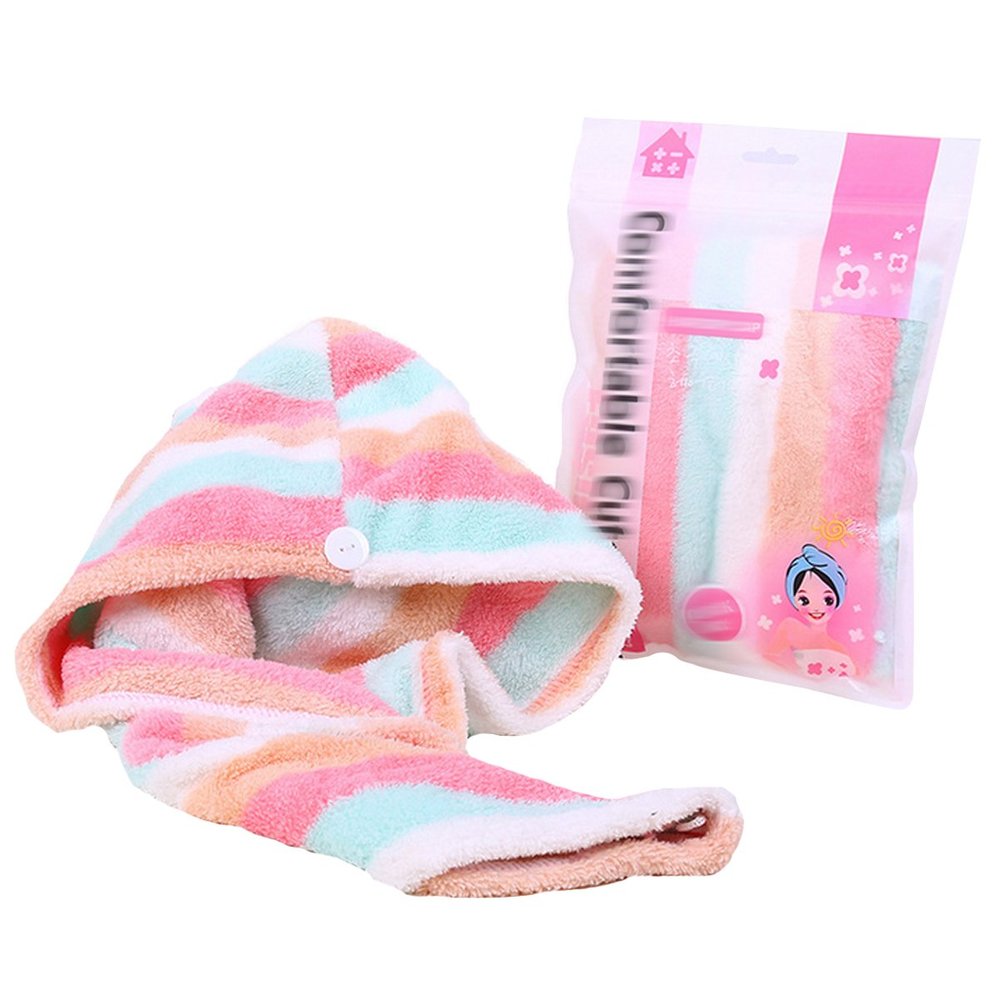 Adela Women Girl Hair Dry Bathing Cap Microfiber Hair Wrap Shower Towel, Pink Stripe