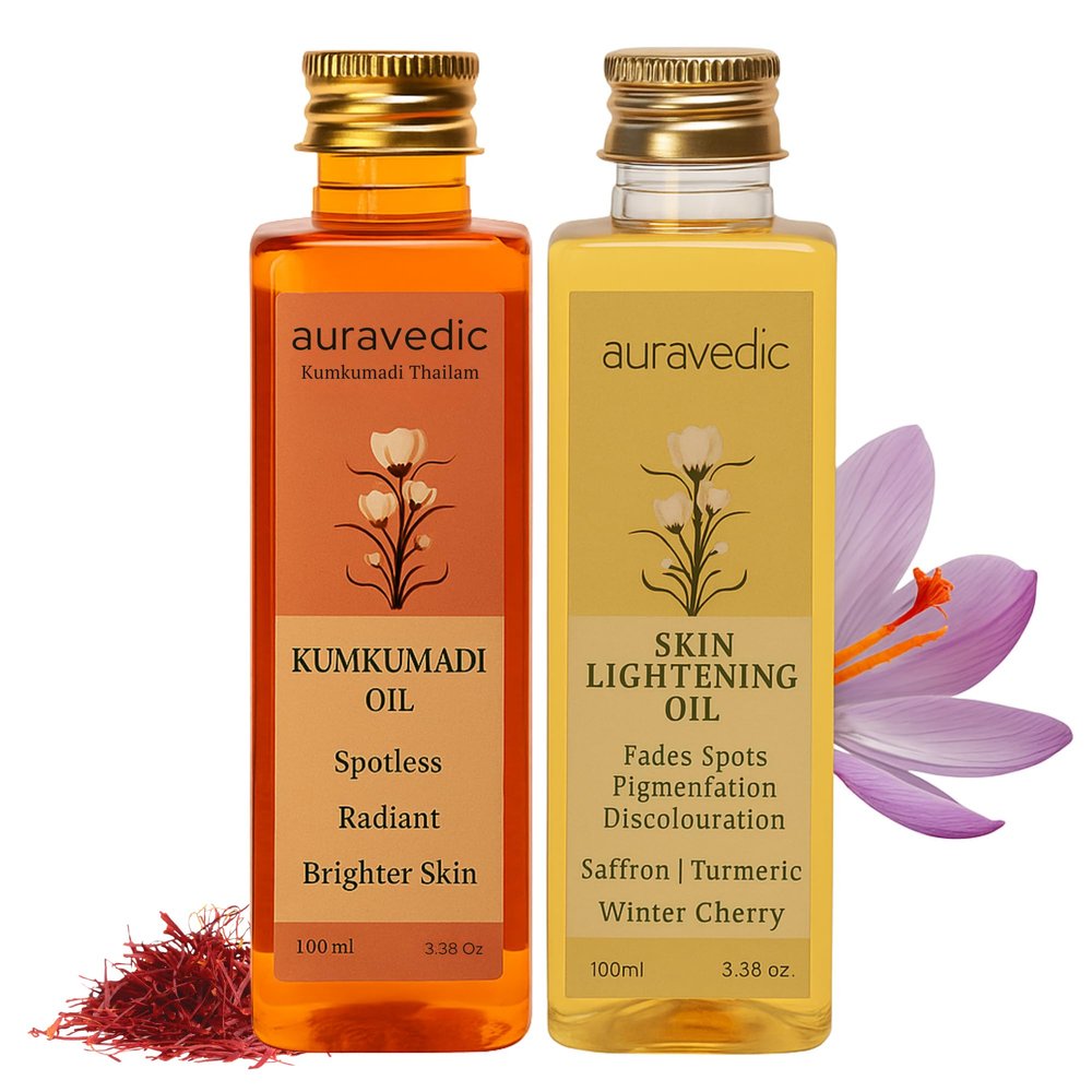 Auravedic Kumkumadi Oil & Skin Oil Combo | Saffron, Turmeric and Winter Cherry Infused Face Moisturizer | Hydrating & Moisturizing | for All Skin Types | 3.38Fl Oz (100ml)