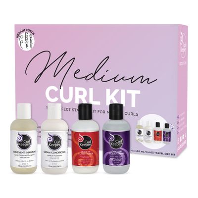 Curl Keeper Medium Curl Starter Kit for Curly Hair - Travel Size Set Includes Original Liquid Styler, Treatment Shampoo, Cream Conditioner & Leave-In Conditioner - Maximum Definition Shine & Moisture
