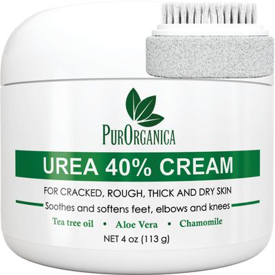 PurOrganica Urea 40% Foot Cream - Made in USA - Callus Remover - Moisturizes & Rehydrates Thick, Cracked, Rough, Dead & Dry Skin - For Feet, Elbows and Hands - With Pumice Stone and Brush